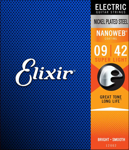 Cordas de Guitarra Elétrica, Elixir revestimento NANOWEB, super leve. 009-.042,