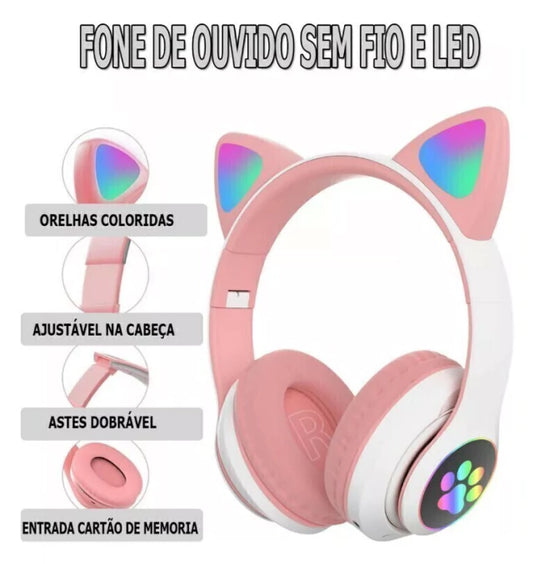 Fone De Ouvido Bluetooth Gatinho Infantil LED